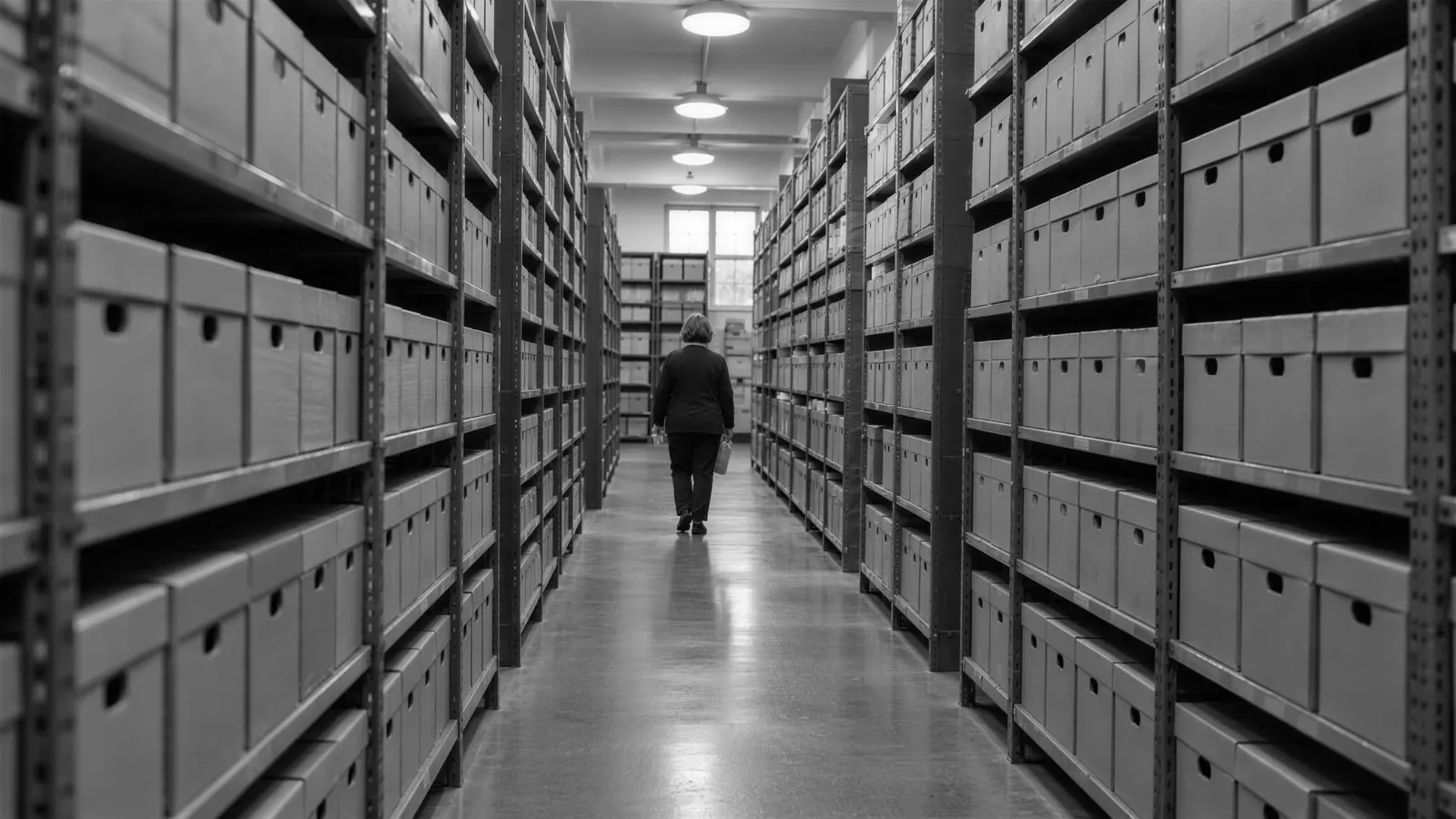 Pasillo de un archivo con estanterías llenas de cajas de documentos.