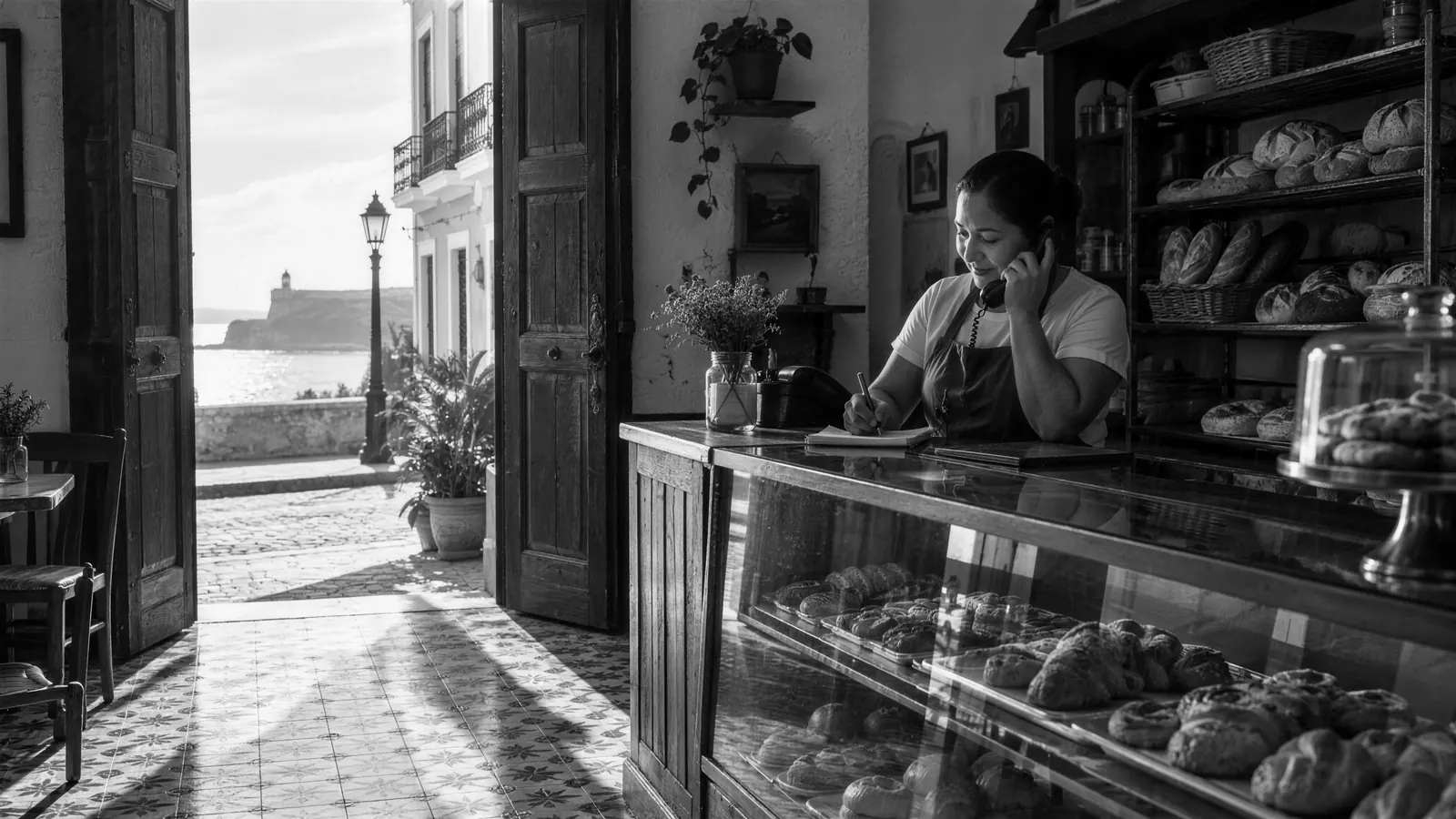 Dueña de una panadería en el Viejo San Juan toma un pedido por teléfono detrás del mostrador.