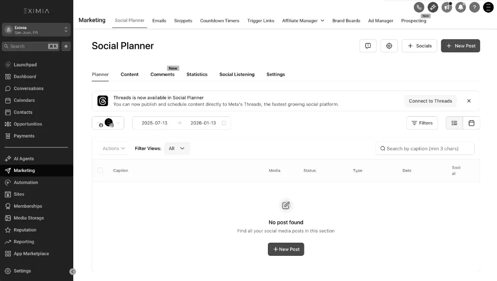Planificador de redes sociales en el centro de marketing de EXIMIA CRM