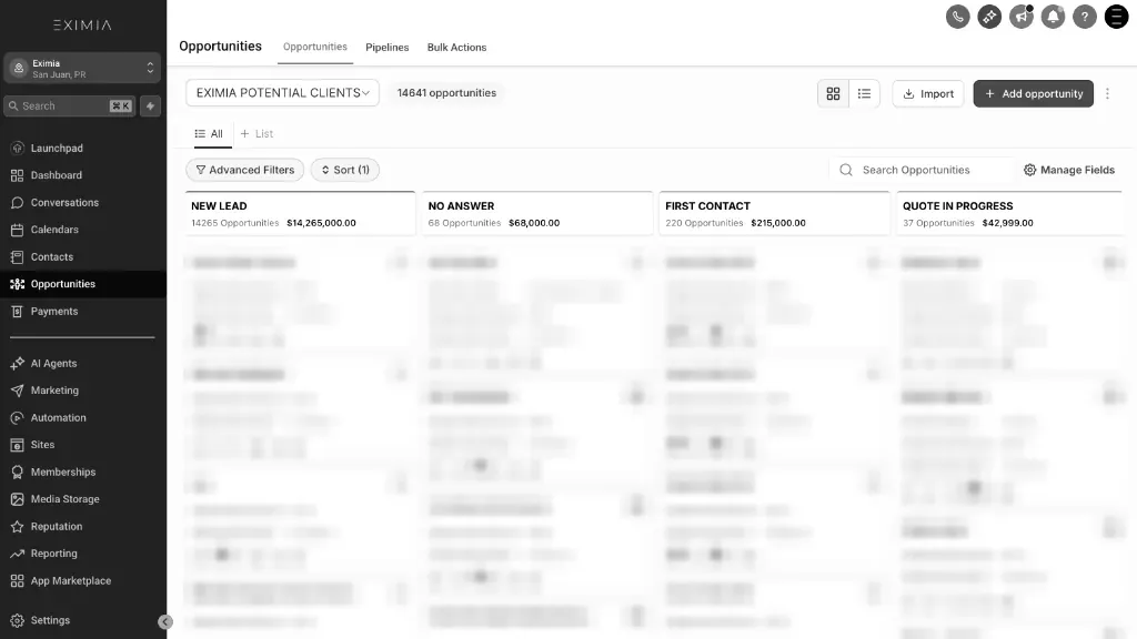 Pipeline de oportunidades de EXIMIA CRM con columnas por etapa (Nuevo lead, Sin respuesta, Primer contacto, Cotización)